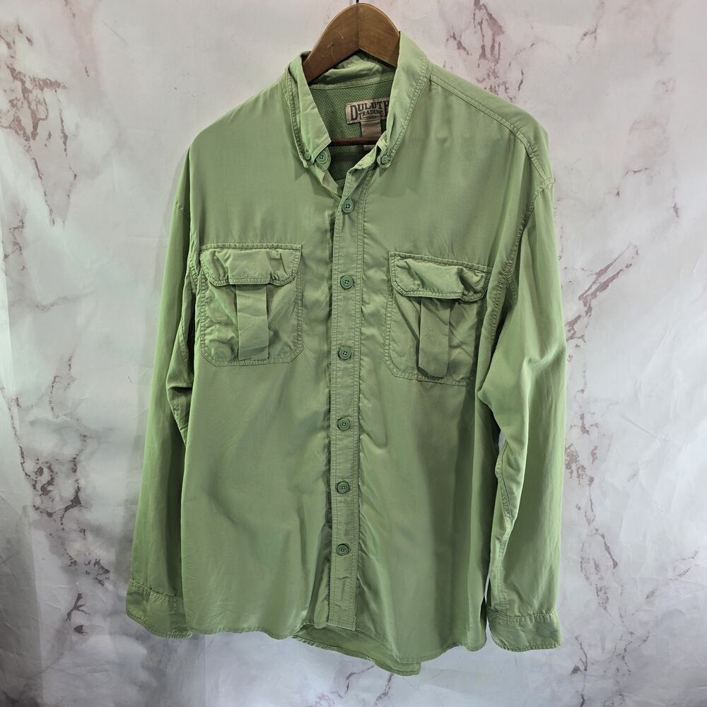 Duluth Shirt Mens Large Light Green Button Up Long Sleeve Vented Fishing